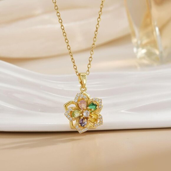 Women Gold Flower Fidget Colorful Necklace Rotatable Crystal Blossom Pendant - Picture 3 of 7